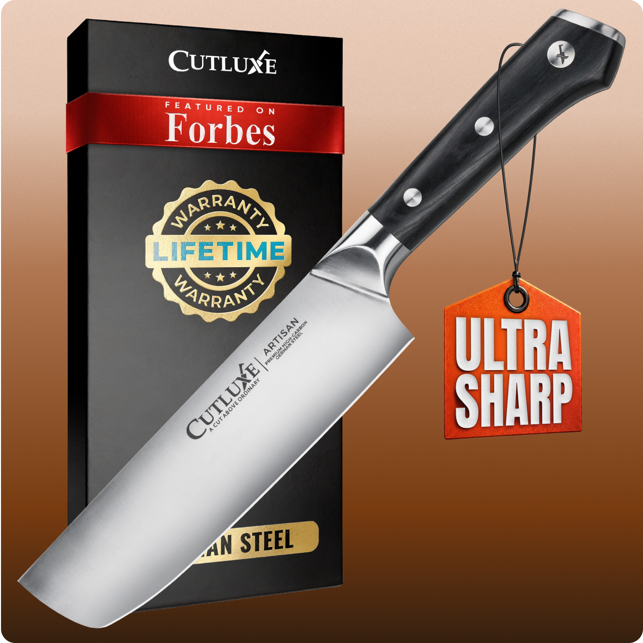 Product image 1 of 6: Ultra sharp artisan kitchen knife with lifetime warranty, premium German steel, featured on Forbes