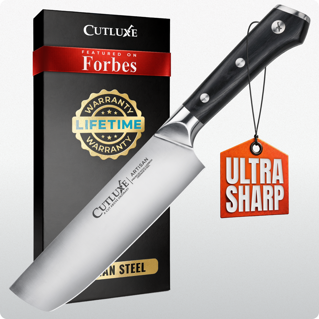 Product image 6 of 6: Ultra sharp artisan chef knife with lifetime warranty, premium German steel, featured on Forbes