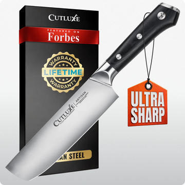 Ultra sharp artisan chef knife with lifetime warranty, premium German steel, featured on Forbes