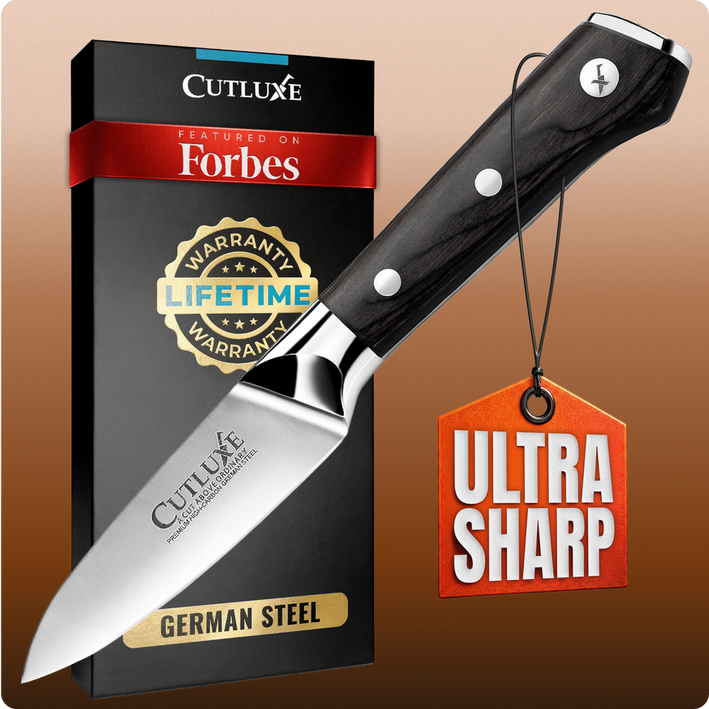 Ultra sharp German steel kitchen knife with lifetime warranty, featured on Forbes