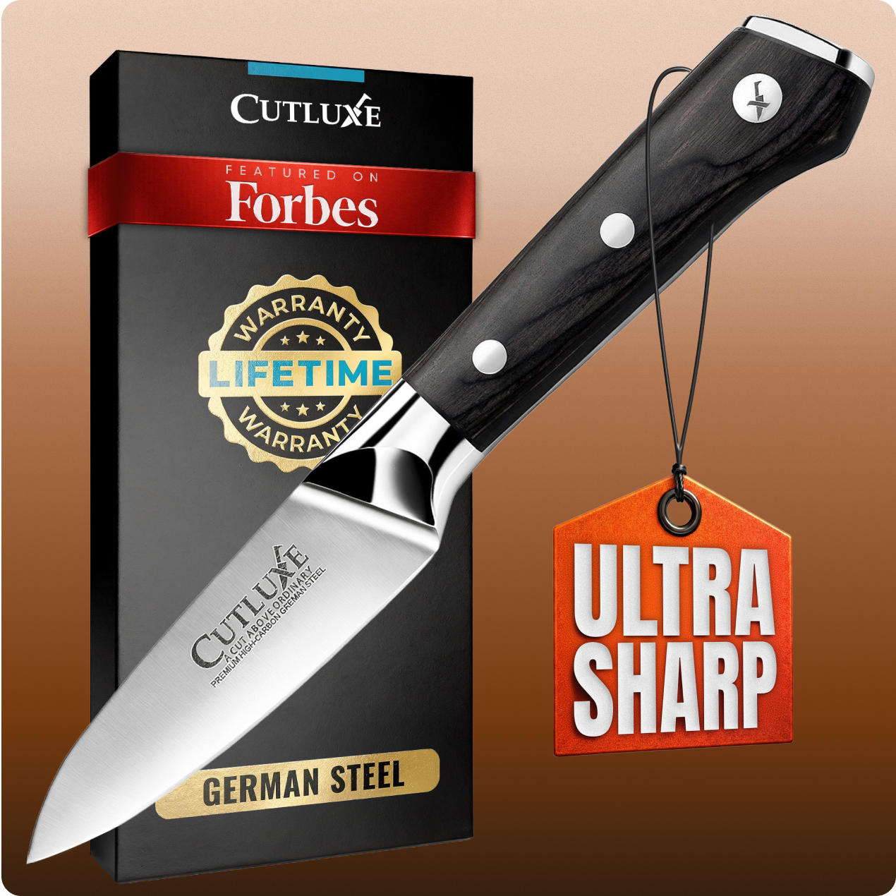 Product image 1 of 6: Ultra sharp German steel kitchen knife with lifetime warranty, featured on Forbes