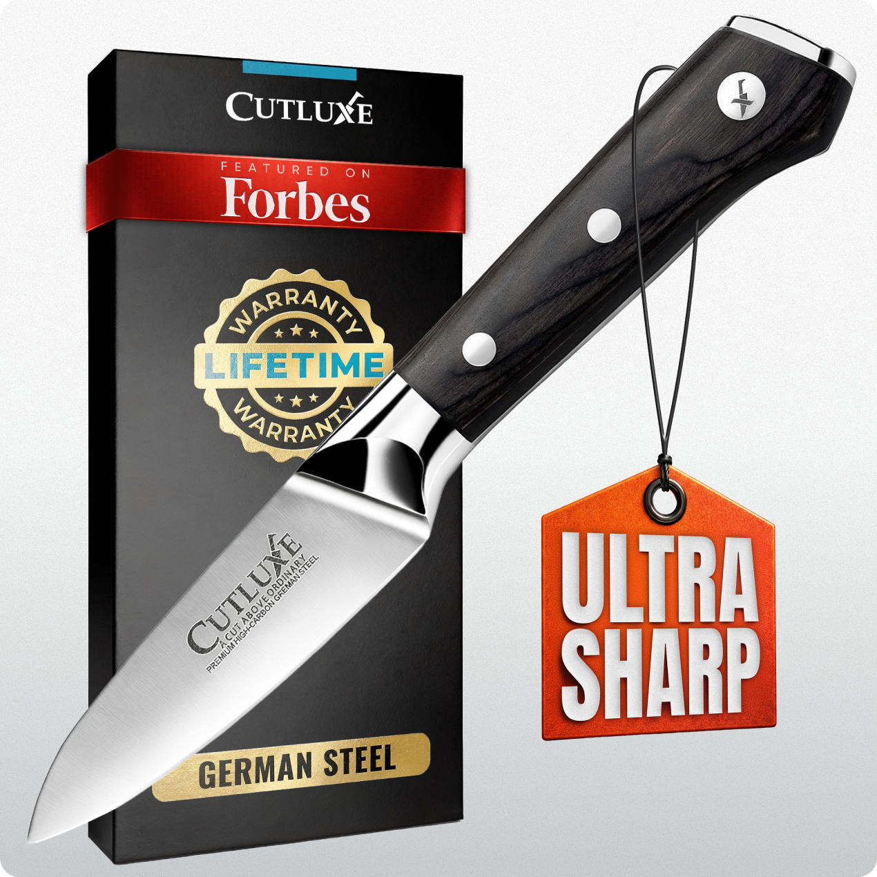 Product image 6 of 6: Ultra sharp German steel kitchen knife with lifetime warranty, featured on Forbes, ideal for home cooks and chefs