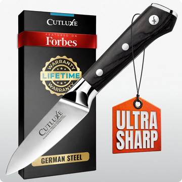 Ultra sharp German steel kitchen knife with lifetime warranty, featured on Forbes, ideal for home cooks and chefs