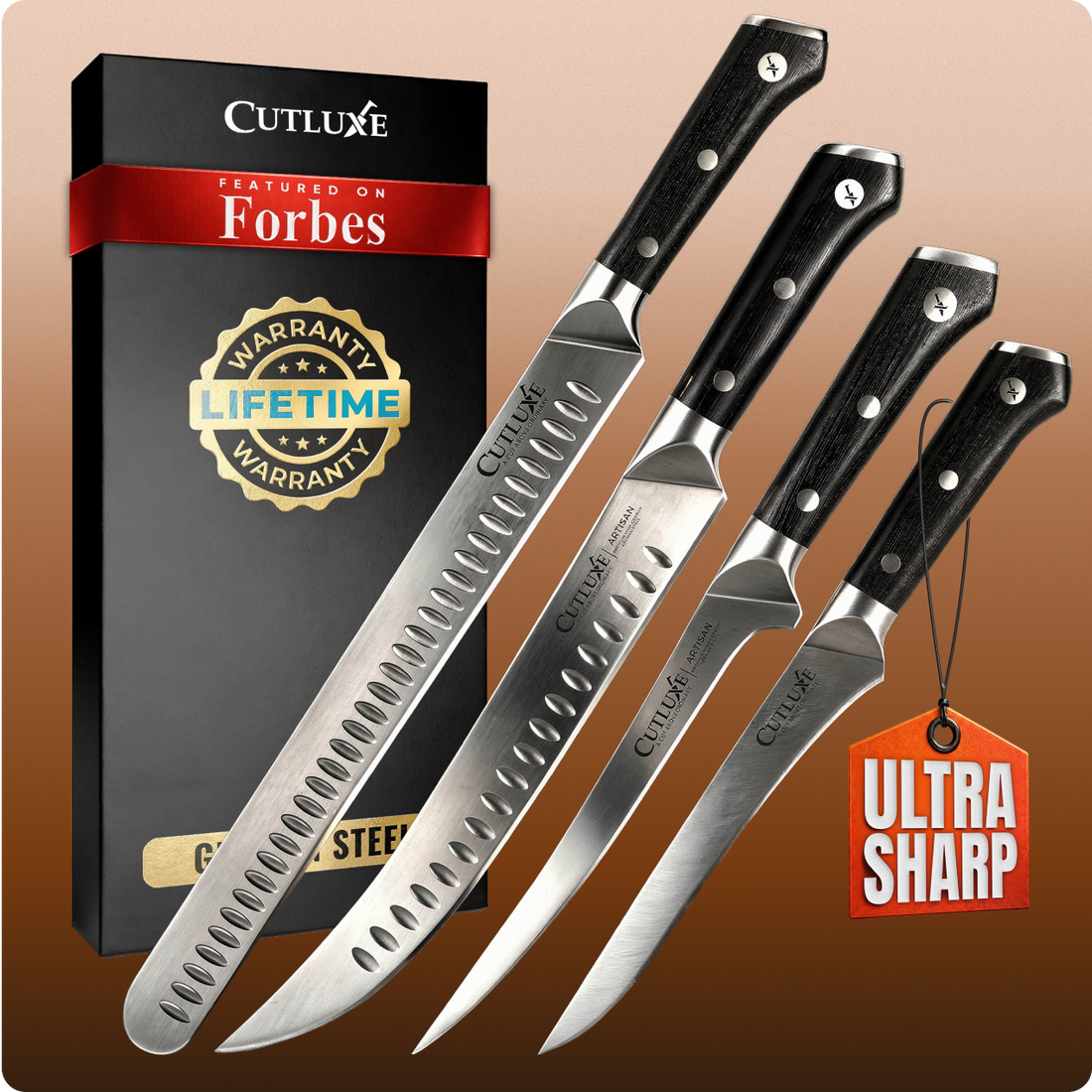 Ultra sharp kitchen knives with black handles, lifetime warranty, featured on Forbes, premium steel blades