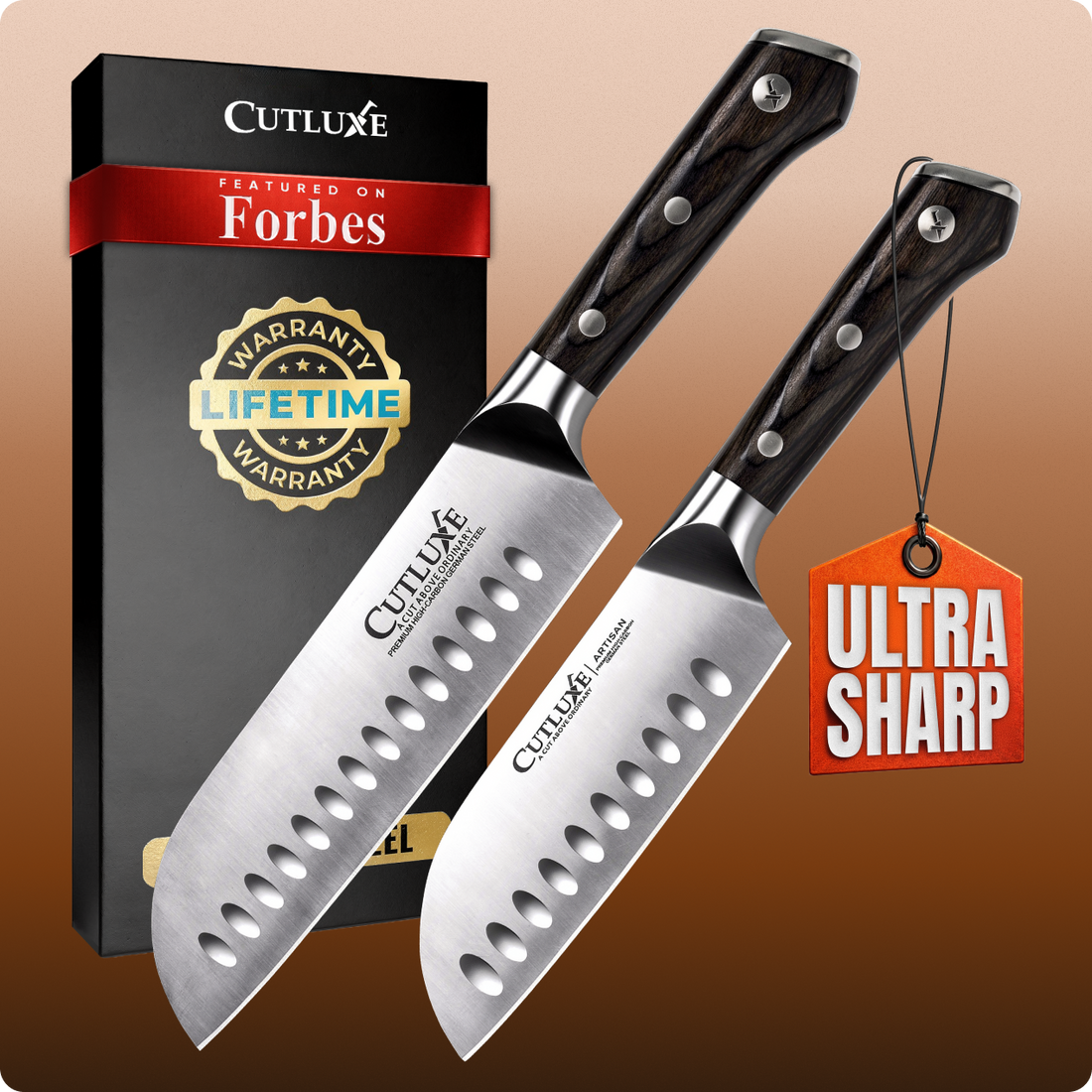 Ultra sharp Cutluxe kitchen knives with lifetime warranty, featured on Forbes, ideal for home cooks and chefs