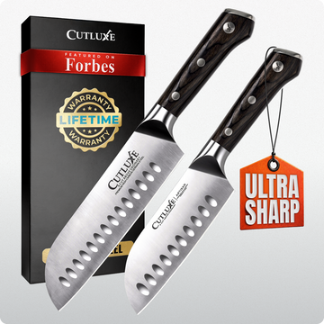 Ultra sharp Cutluxe kitchen knives with lifetime warranty, featured on Forbes, ideal for home cooks and chefs