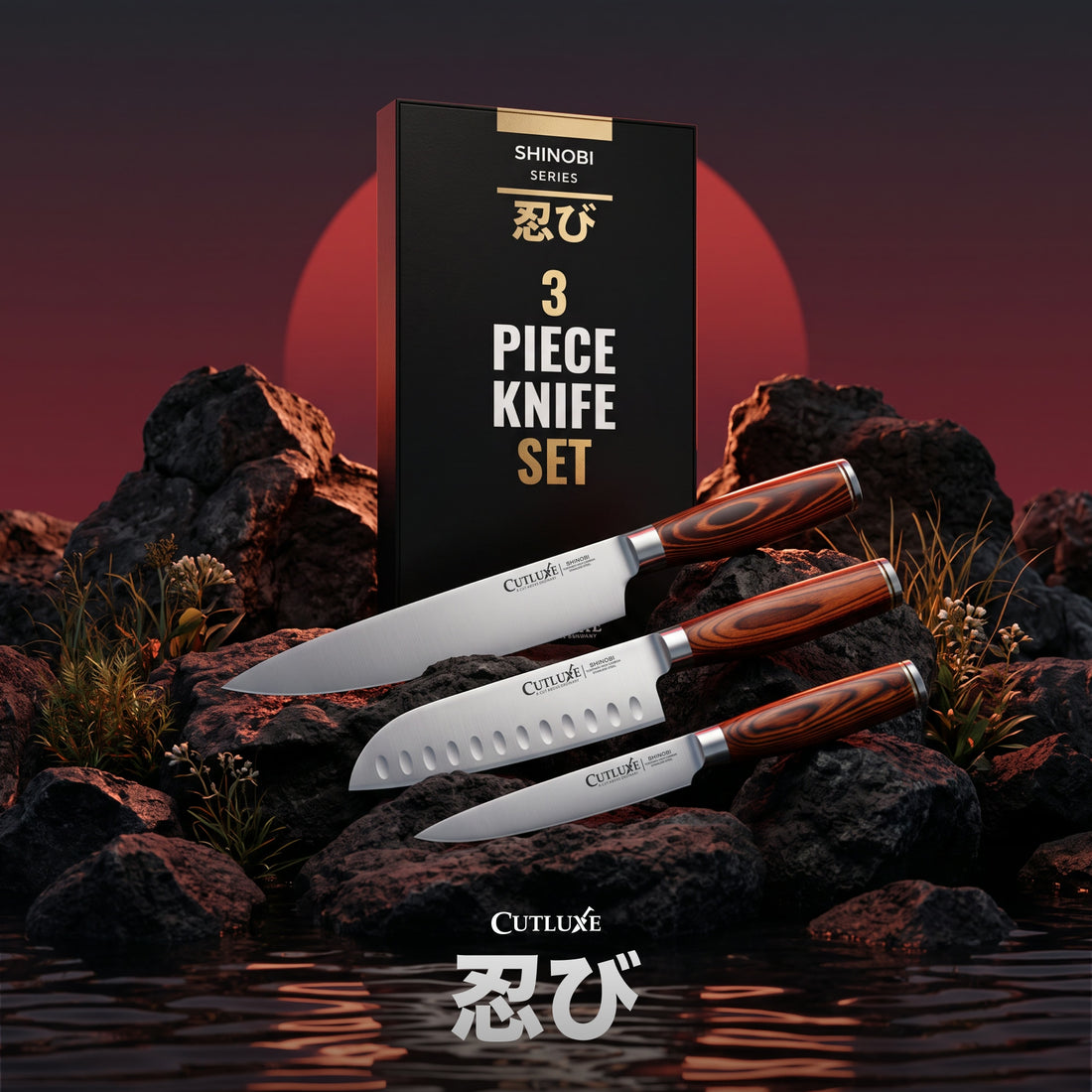 Three premium kitchen knives with sleek black wood-grain handles and stainless steel blades, ideal for home cooks and chefs.