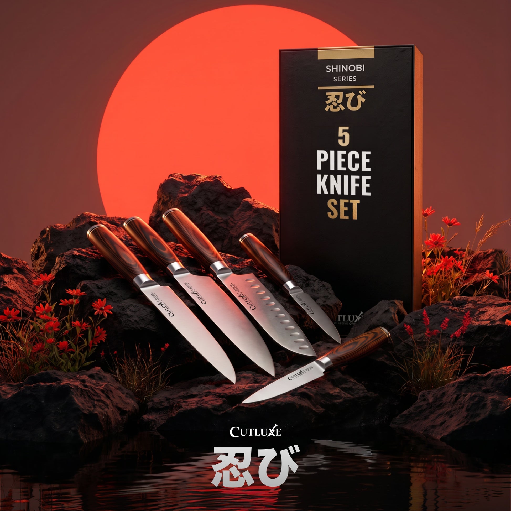 Product image 2 of 17: A 5-piece Japanese knife set displayed with four knives on rocks in front of a large red sun, alongside their black branded box. The knives have silver blades and brown wooden handles, with the brand name Cutuxé visible.