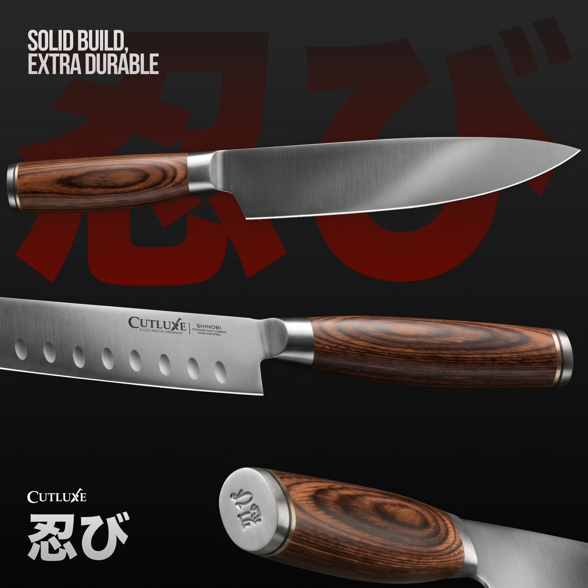 Product image 3 of 17: Three views of a CUTLUXE kitchen knife with a dark brown wood-grain handle and a silver steel blade, set against a dark background with red Japanese characters and white text reading 'SOLID BUILD, EXTRA DURABLE'.