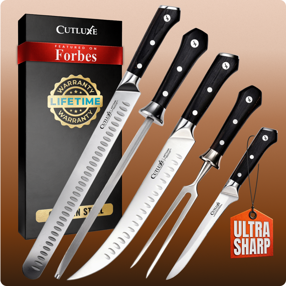 Ultra sharp kitchen knives set with black handles, lifetime warranty, featured on Forbes