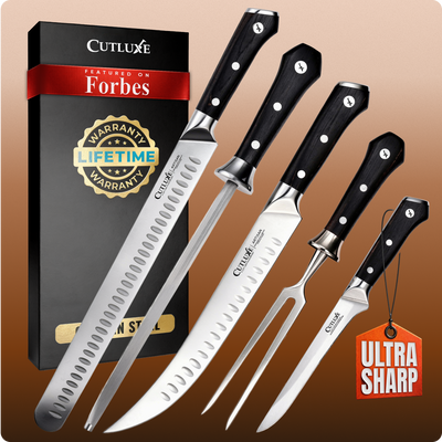 Ultra sharp kitchen knives set with black handles, lifetime warranty, featured on Forbes