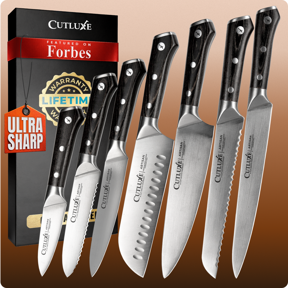 Ultra sharp Cutluxe kitchen knives set with black handles, featured on Forbes, lifetime warranty
