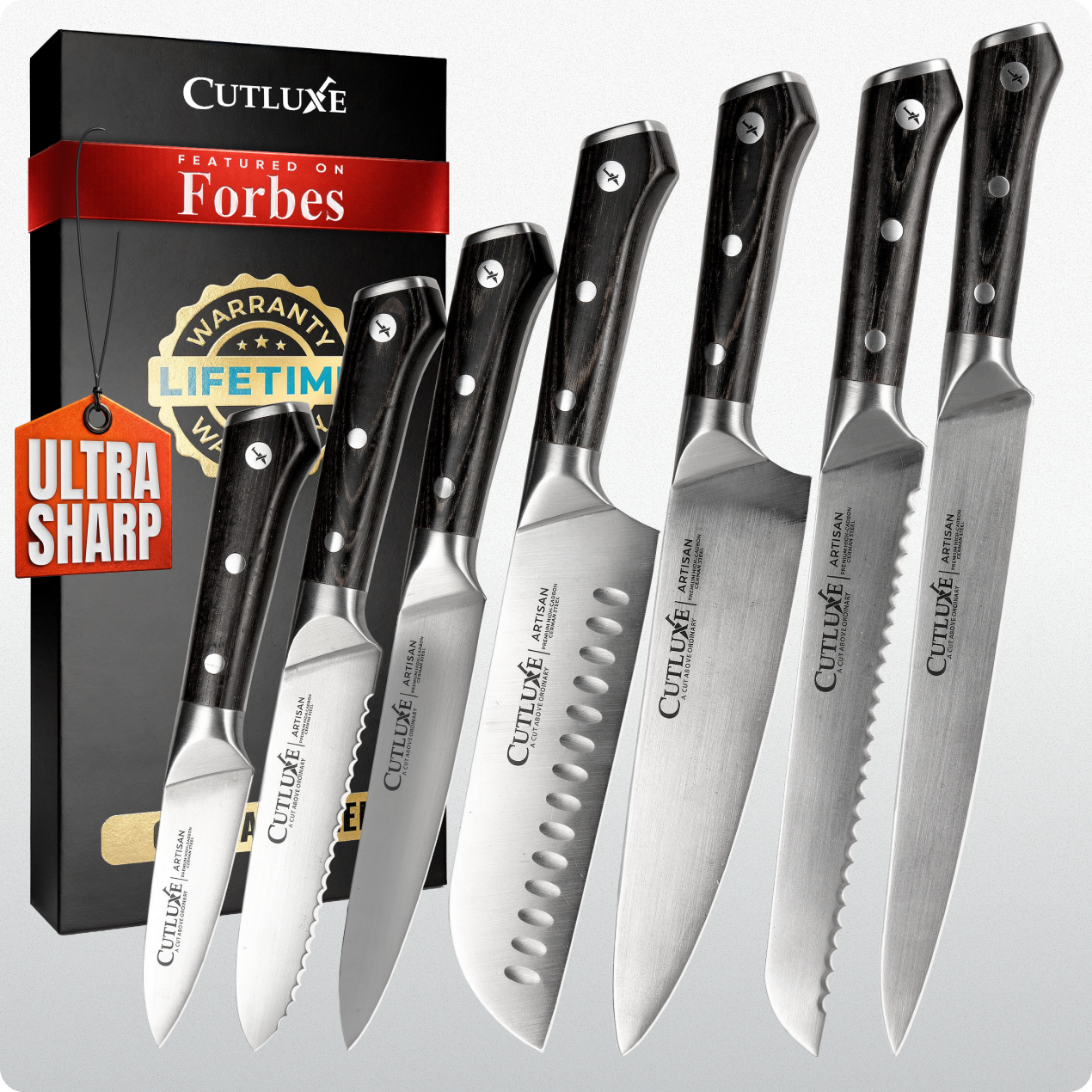 Product image 6 of 6: Ultra sharp kitchen knives set with black handles, stainless steel blades, lifetime warranty, featured on Forbes