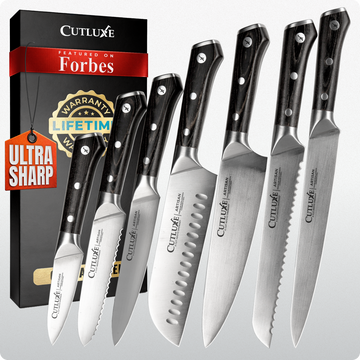 Ultra sharp kitchen knives set with black handles, stainless steel blades, lifetime warranty, featured on Forbes