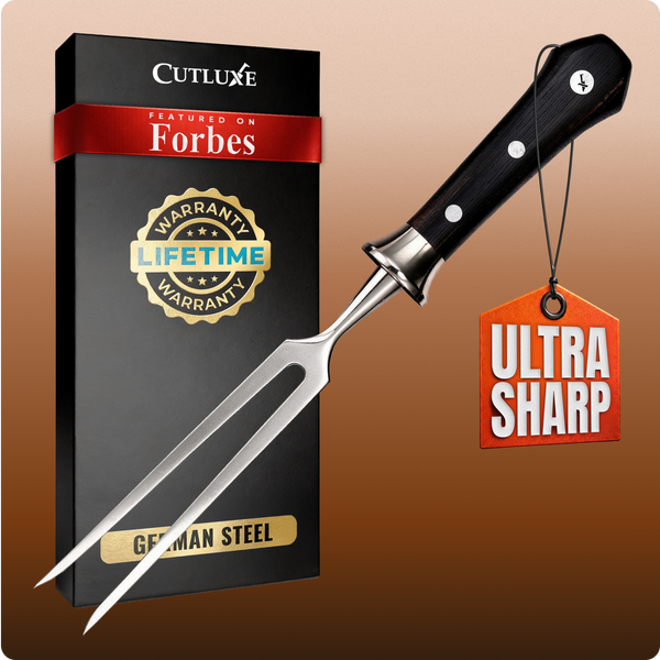 Ultra sharp German steel carving fork with lifetime warranty, featured on Forbes