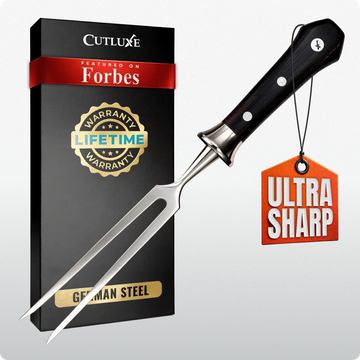 Ultra sharp German steel carving fork with lifetime warranty, featured on Forbes