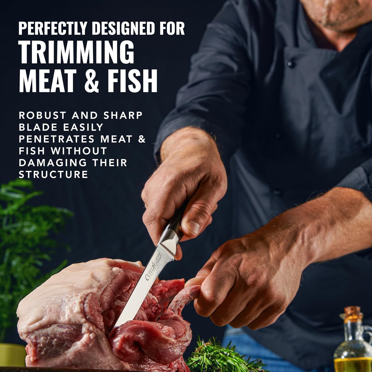 Product image 6 of 8: Chef trimming meat with sharp kitchen knife for precise cuts