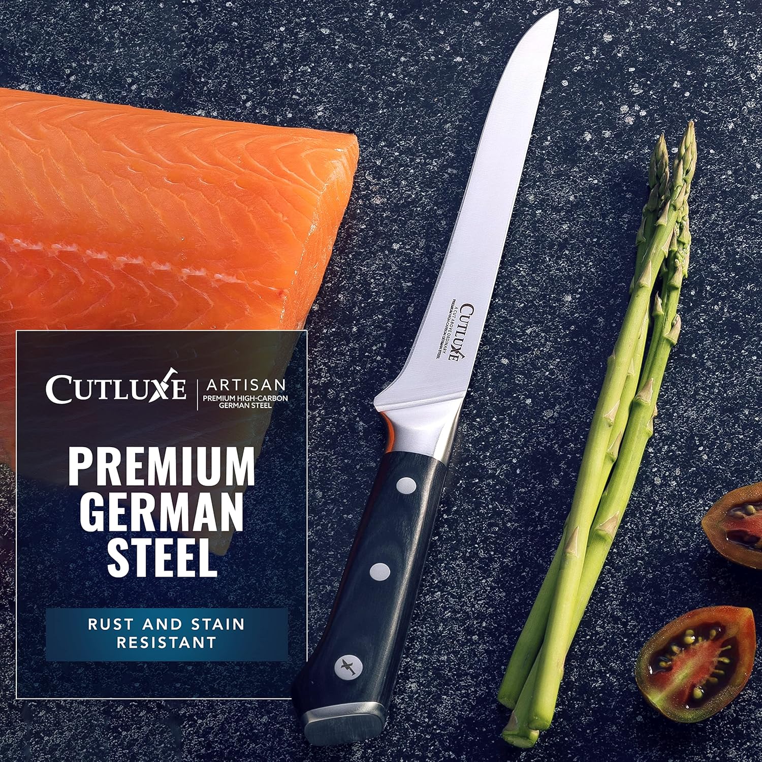 Product image 7 of 8: Premium German steel kitchen knife with salmon, asparagus, and tomato on dark surface