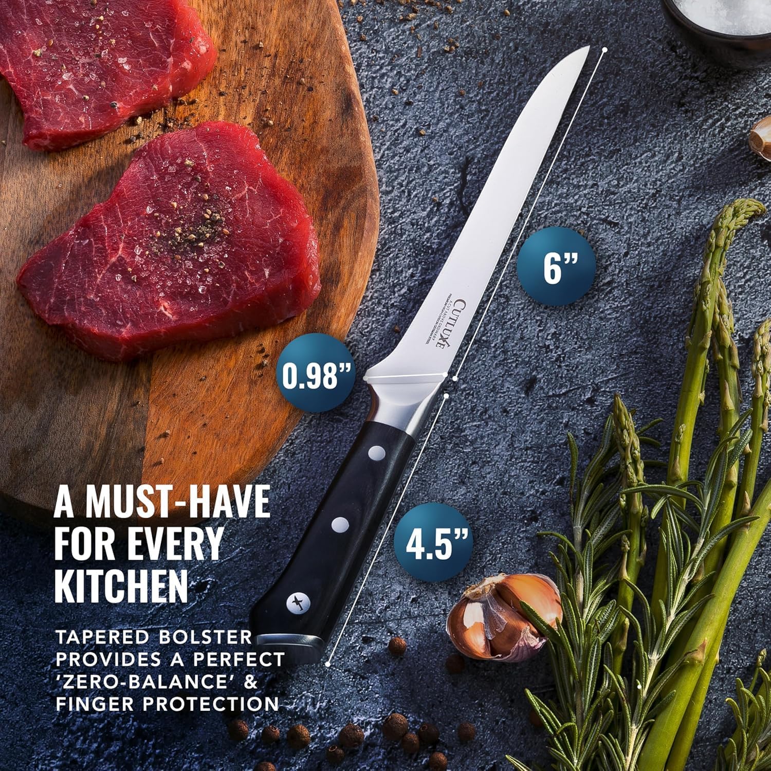 Product image 2 of 8: 6-inch kitchen knife with black handle, ideal for slicing steak and veggies, perfect for home cooks