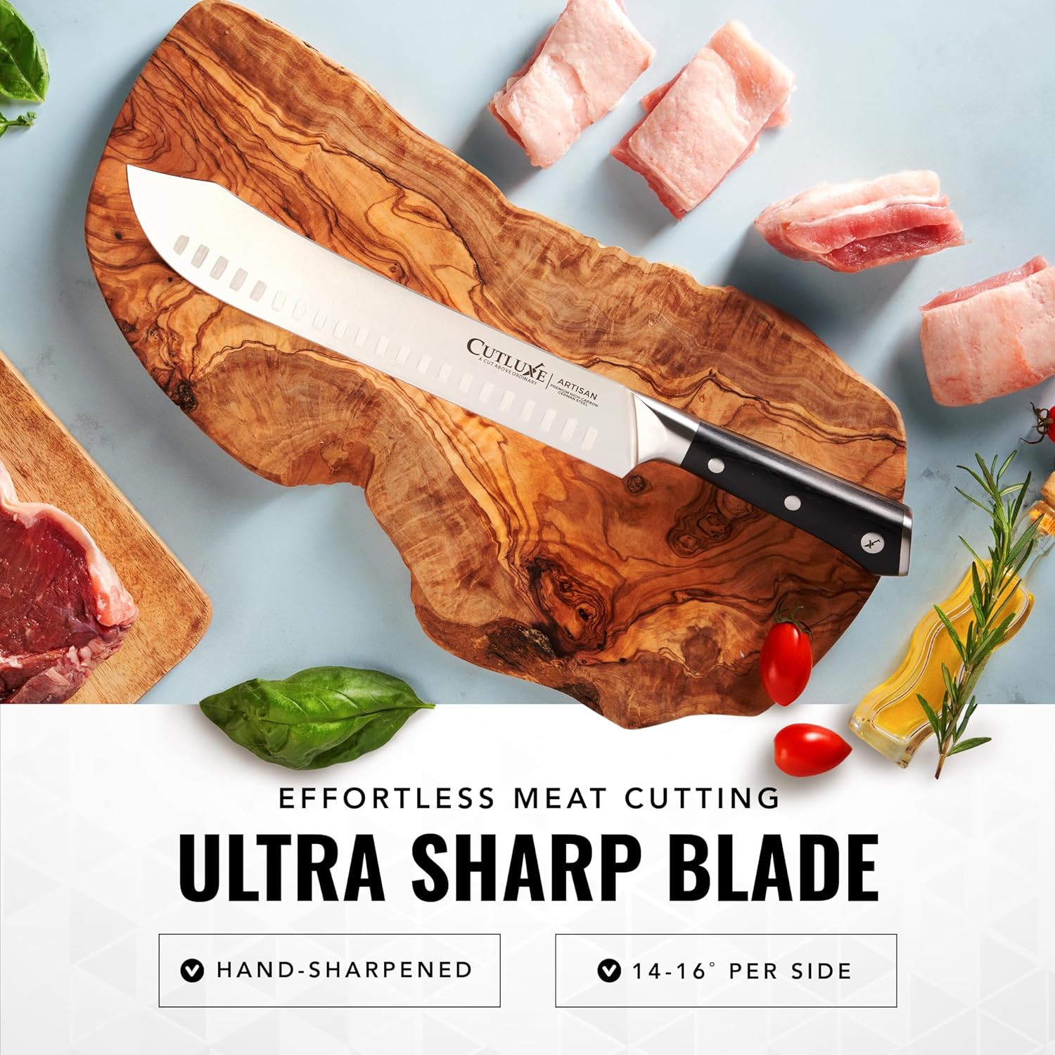 Product image 3 of 8: Ultra sharp kitchen knife on wooden board with meat and herbs for effortless cutting