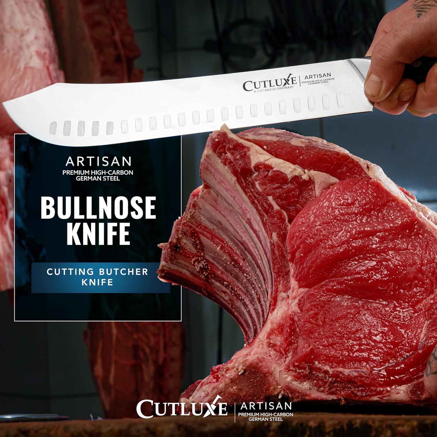 Product image 4 of 8: Artisan bullnose butcher knife cutting raw meat, premium high-carbon German steel