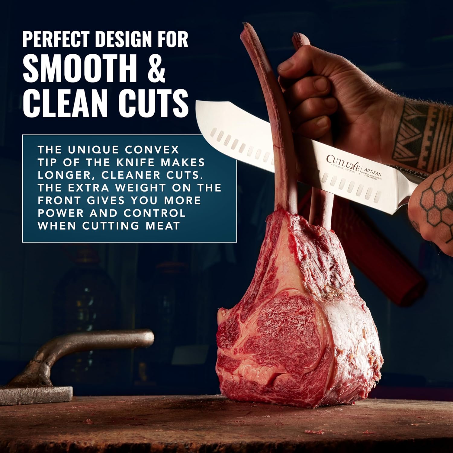 Product image 5 of 8: Kitchen knife with convex tip cutting meat for smooth, clean cuts