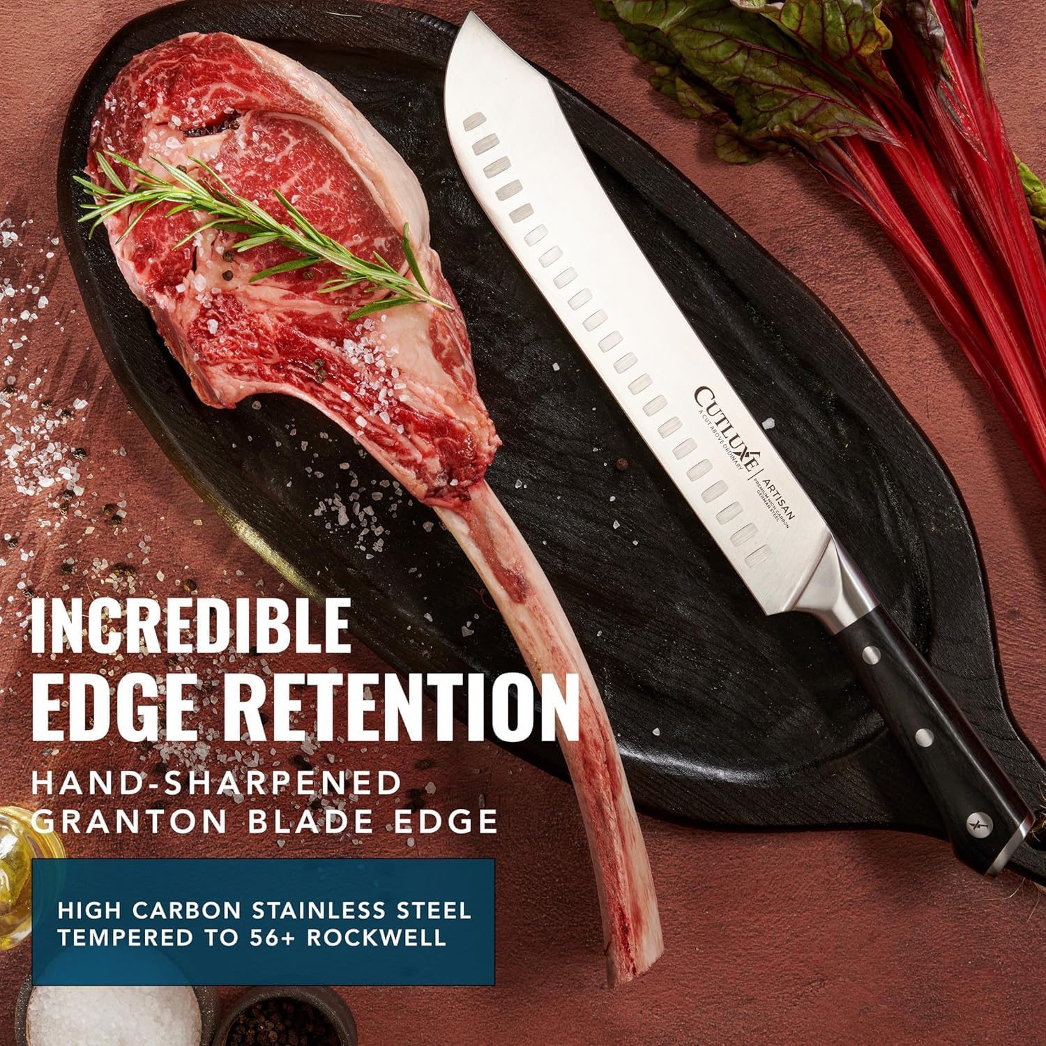 Product image 6 of 8: High carbon stainless steel kitchen knife with ribeye steak on black plate