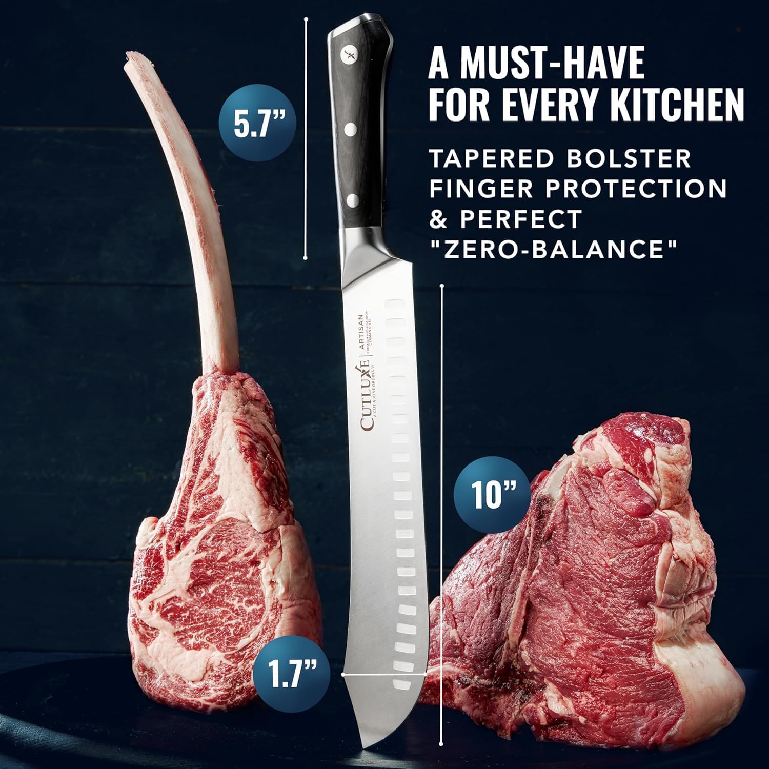 Product image 2 of 8: 10-inch chef knife with tapered bolster, zero-balance design, beside raw meat cuts for kitchen prep