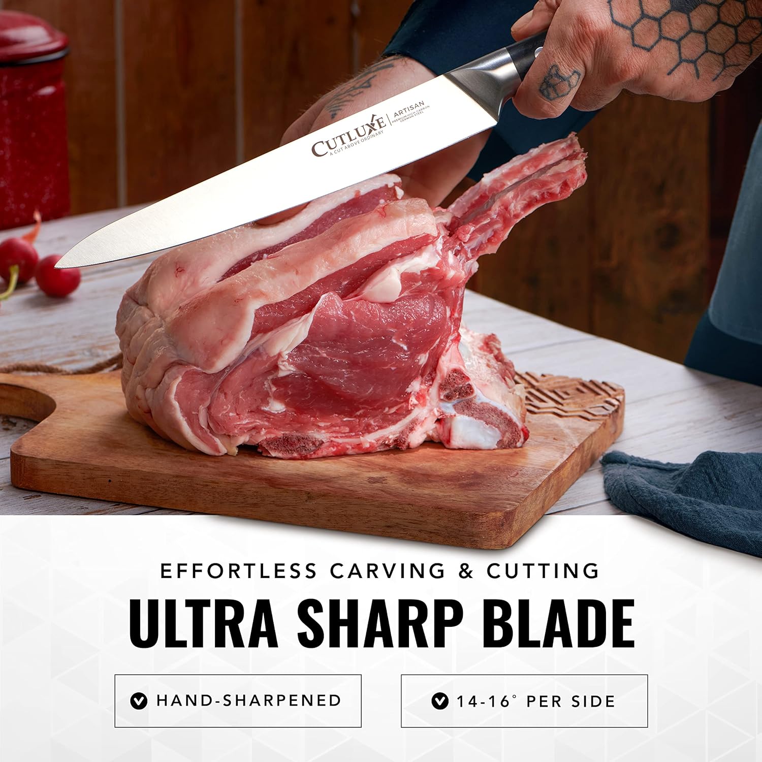 Product image 3 of 7: Ultra sharp chef knife slicing raw meat on wooden cutting board, hand-sharpened blade for effortless carving