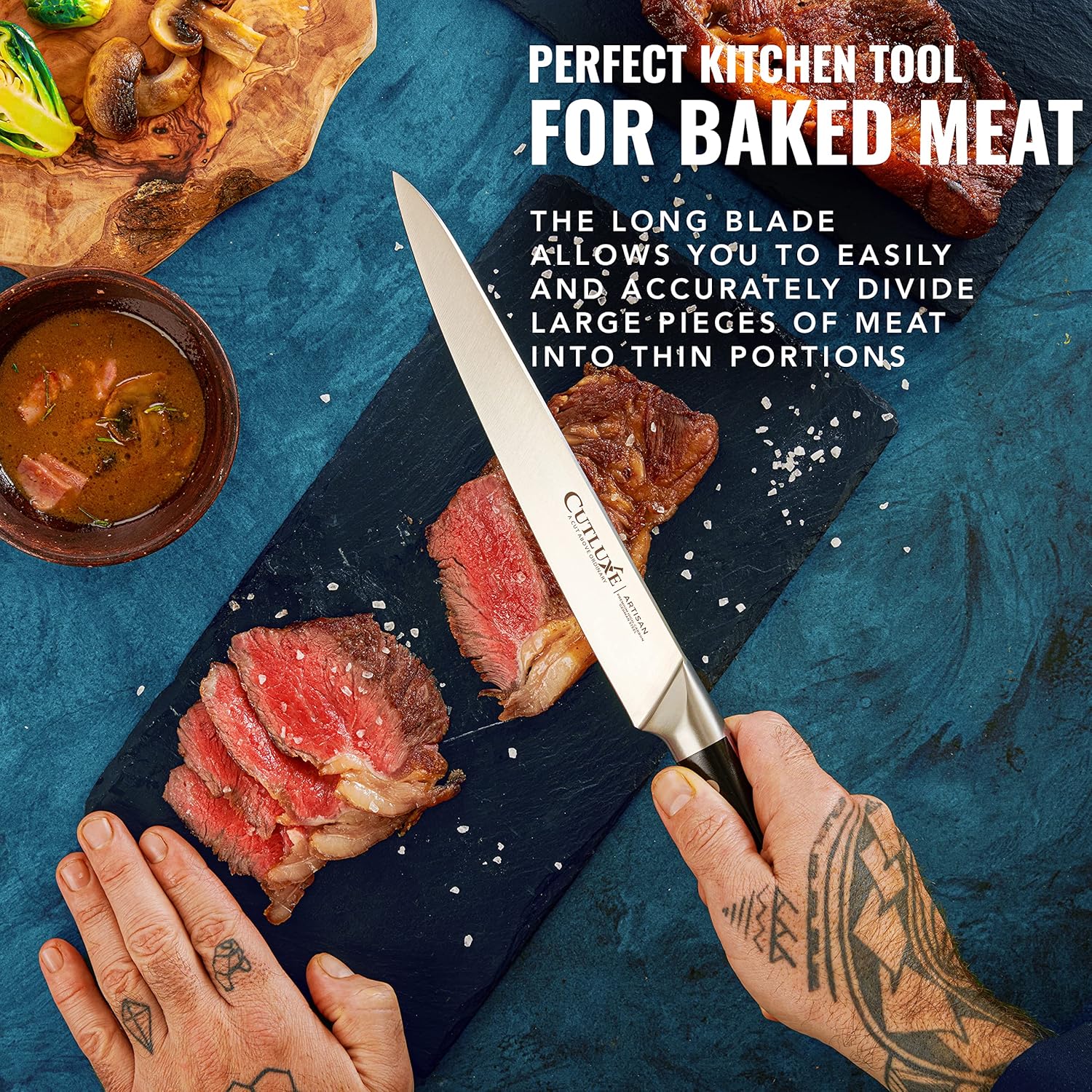 Product image 5 of 7: Long-blade kitchen knife slicing baked meat on slate, perfect for precise portioning