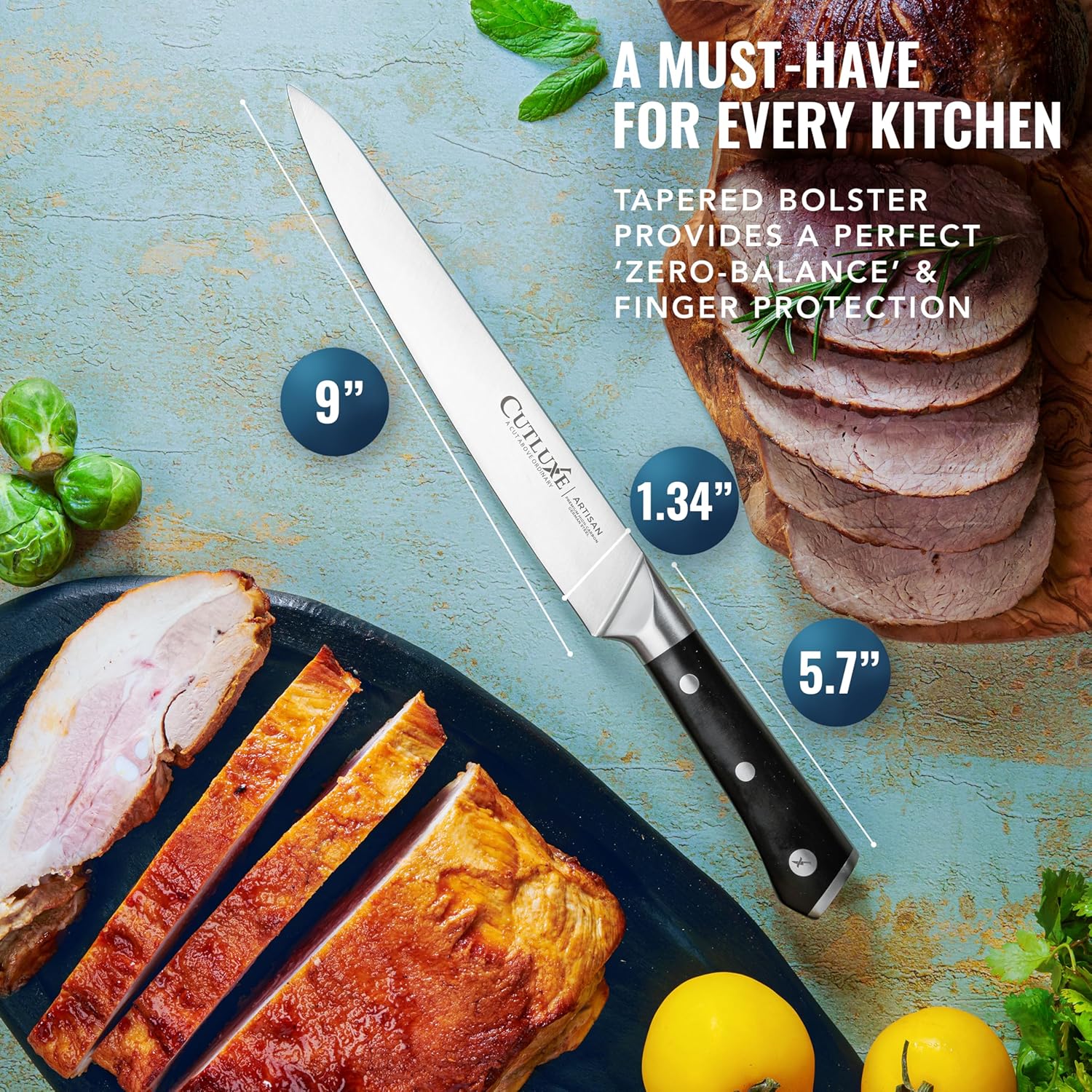 Product image 2 of 7: 9-inch carving knife with tapered bolster, slicing roasted meat on blue surface, ideal for home kitchens