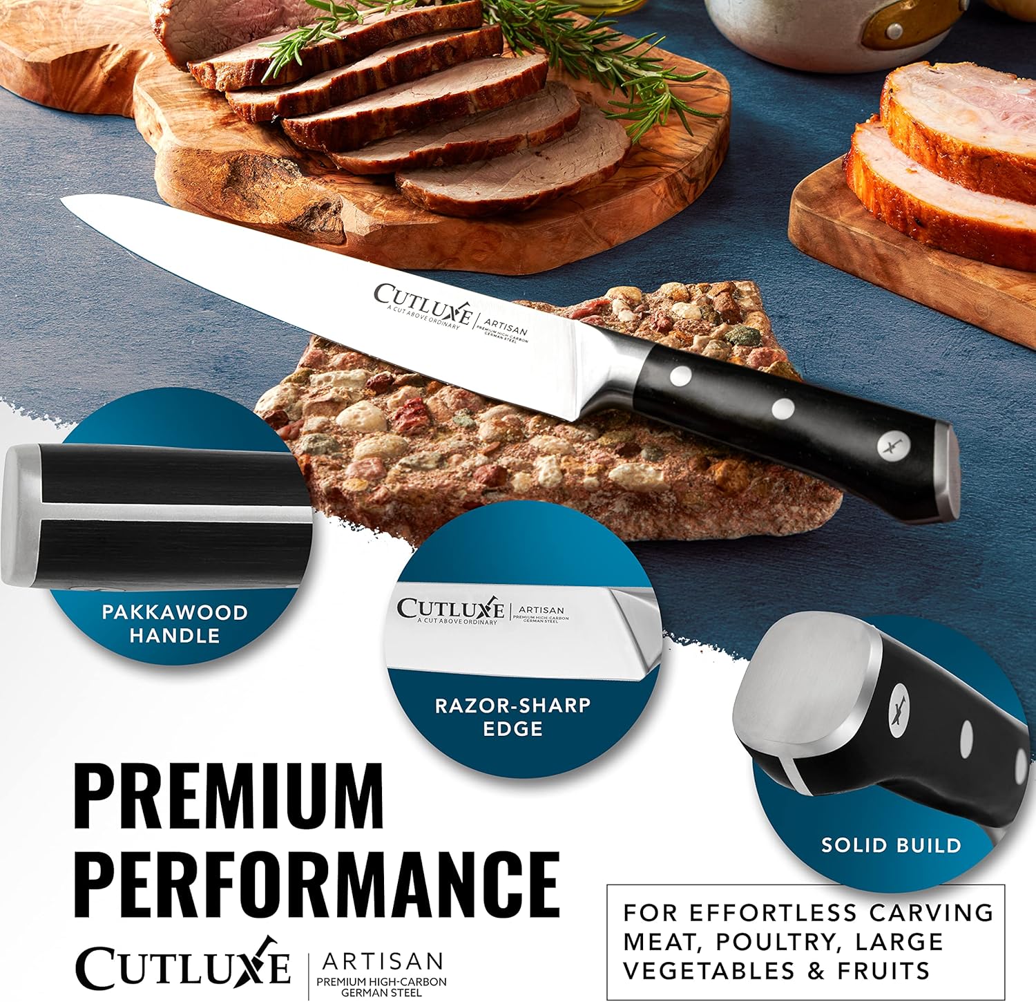 Product image 6 of 7: Cutluxe Artisan carving knife with pakkawood handle, razor-sharp edge, solid build for meat, poultry, veggies