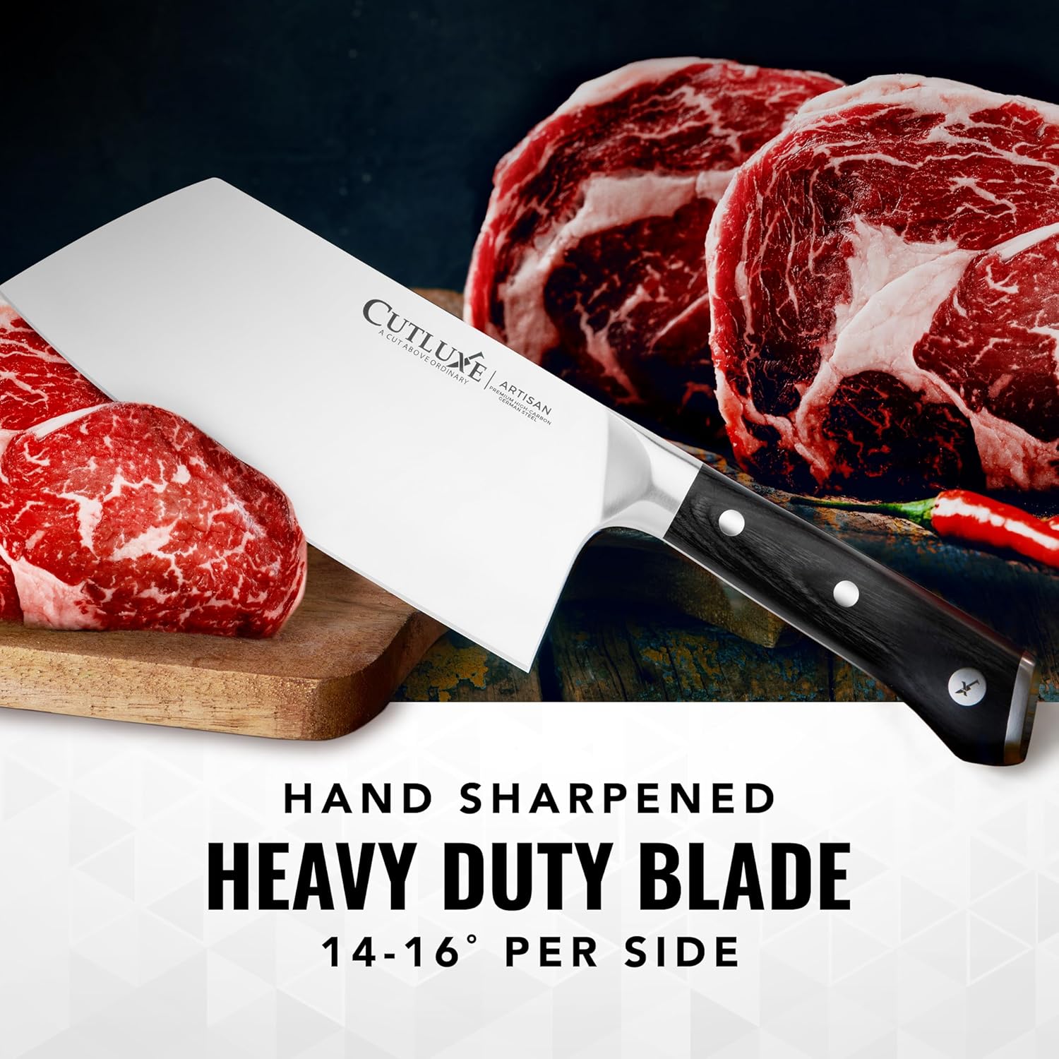 Product image 3 of 7: Hand sharpening heavy duty cleaver knife with raw steak on wooden board, artisan kitchen tool
