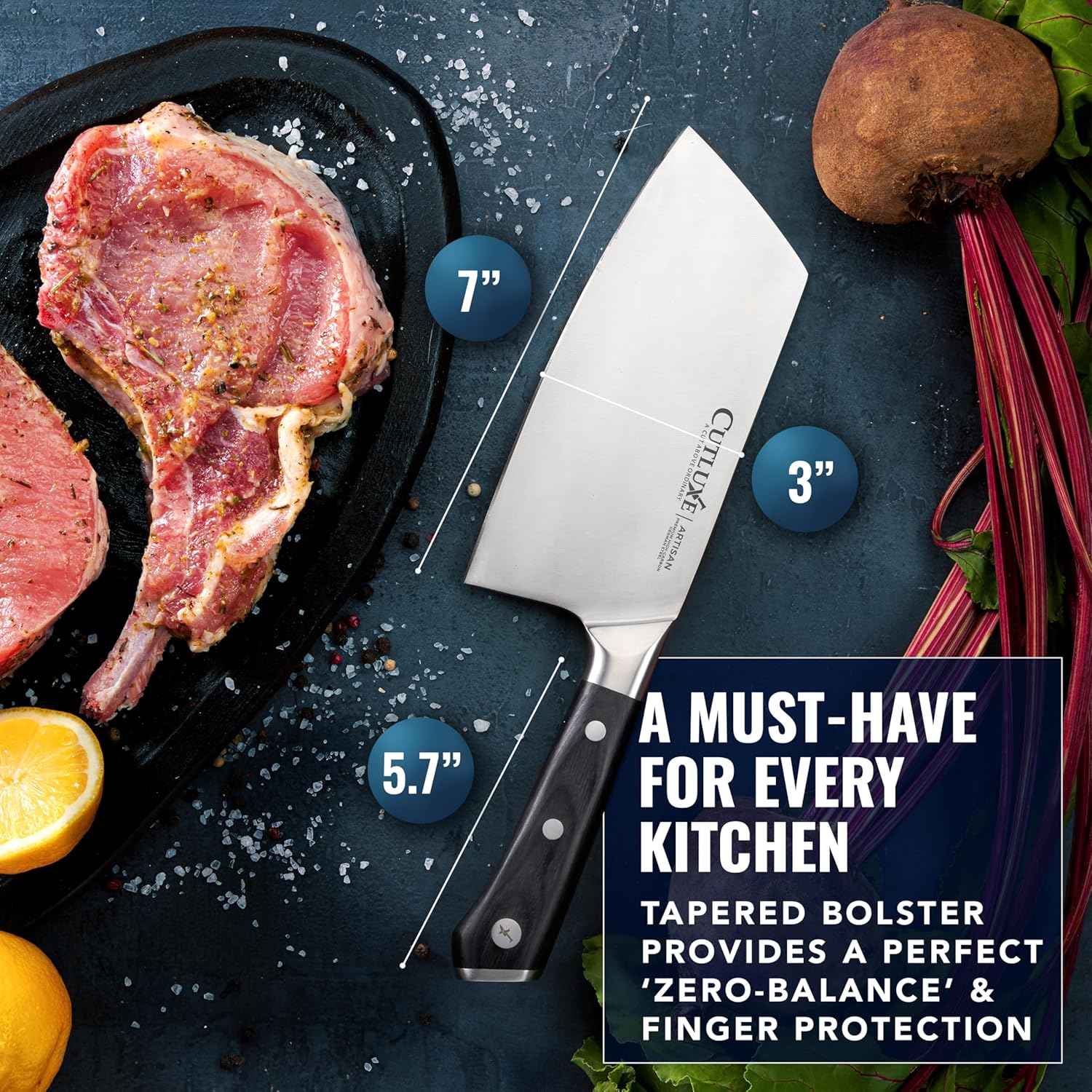 Product image 2 of 7: 7-inch chef knife with tapered bolster, perfect for slicing steak and veggies, ideal kitchen tool for home cooks