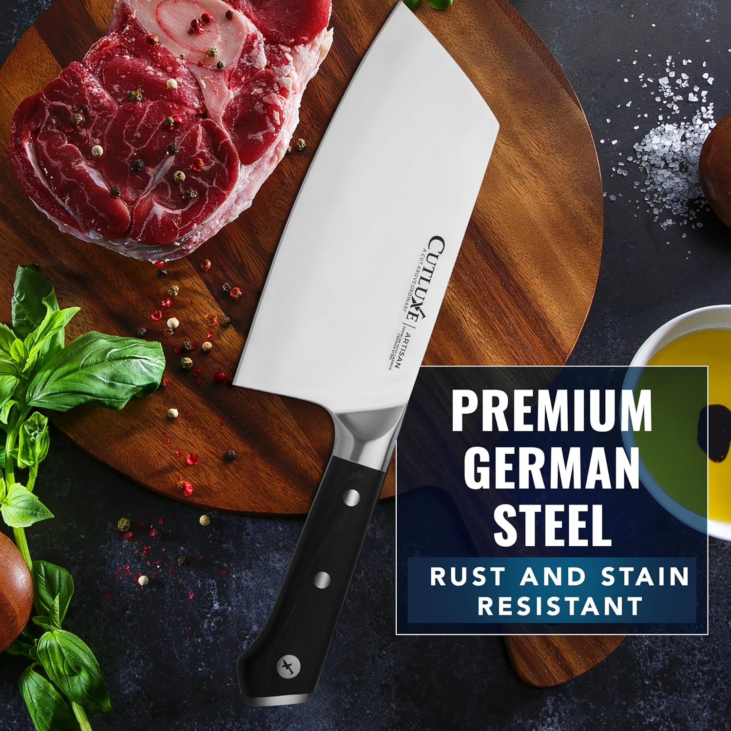 Product image 6 of 7: Premium German steel chef knife on wood cutting board with raw meat and herbs, rust and stain resistant