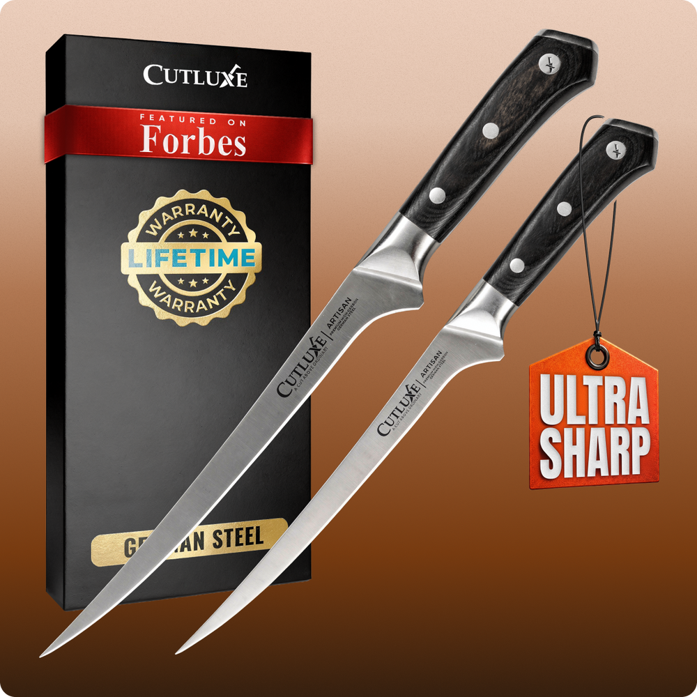Ultra-sharp German steel kitchen knives with lifetime warranty, featured on Forbes, ideal for home cooks & chefs