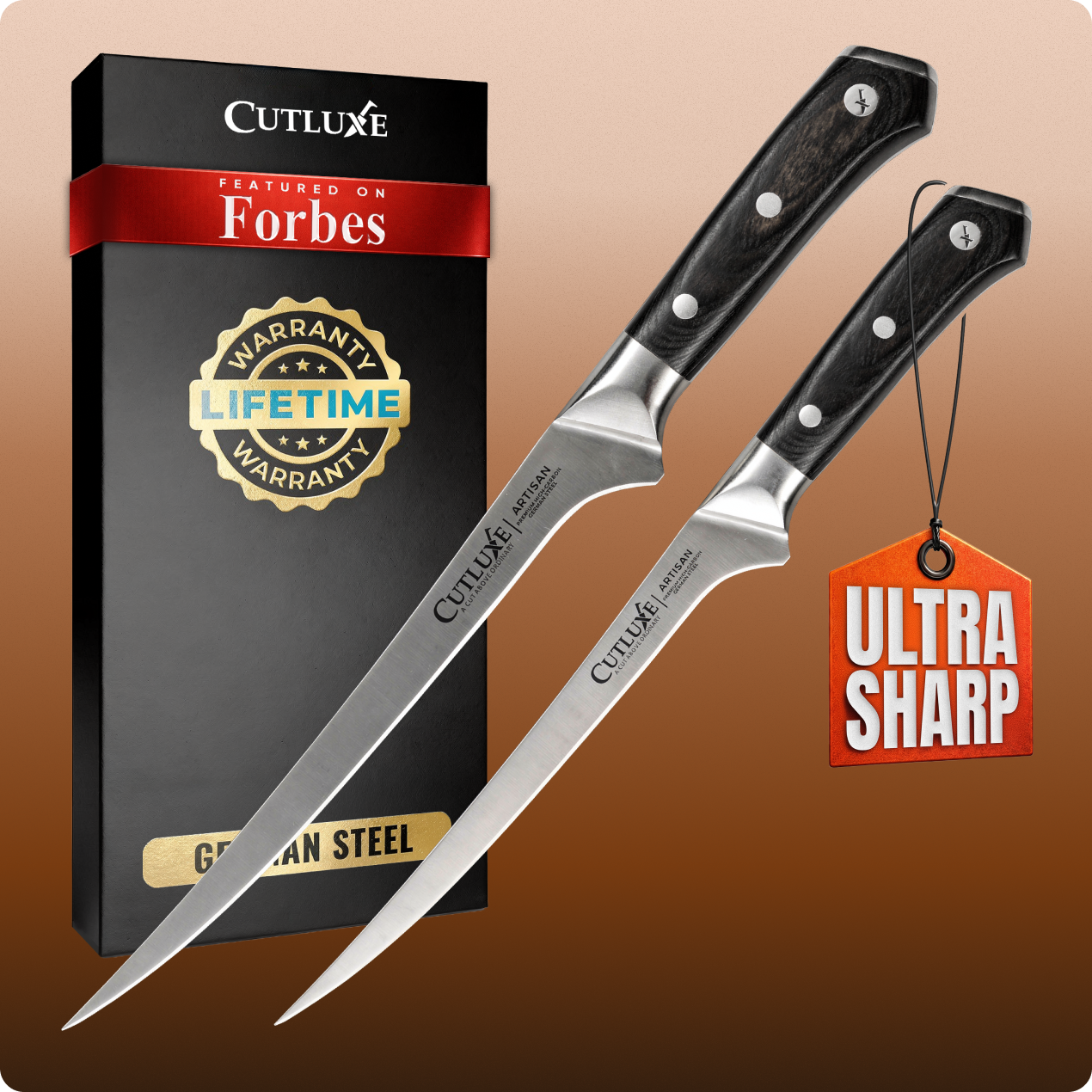 Product image 1 of 7: Ultra-sharp German steel kitchen knives with lifetime warranty, featured on Forbes, ideal for home cooks & chefs
