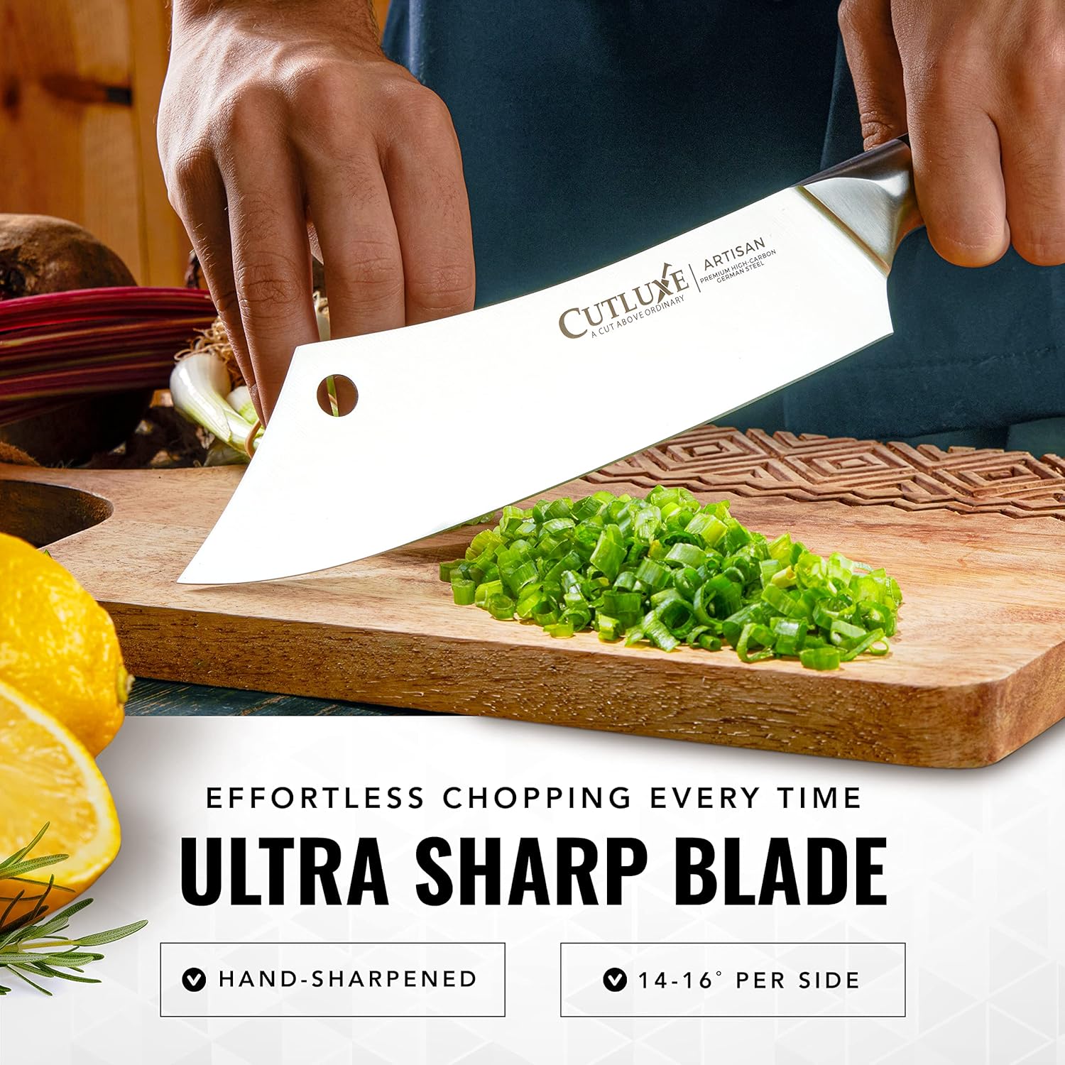 Product image 3 of 7: Ultra sharp kitchen knife chopping green onions on wooden cutting board