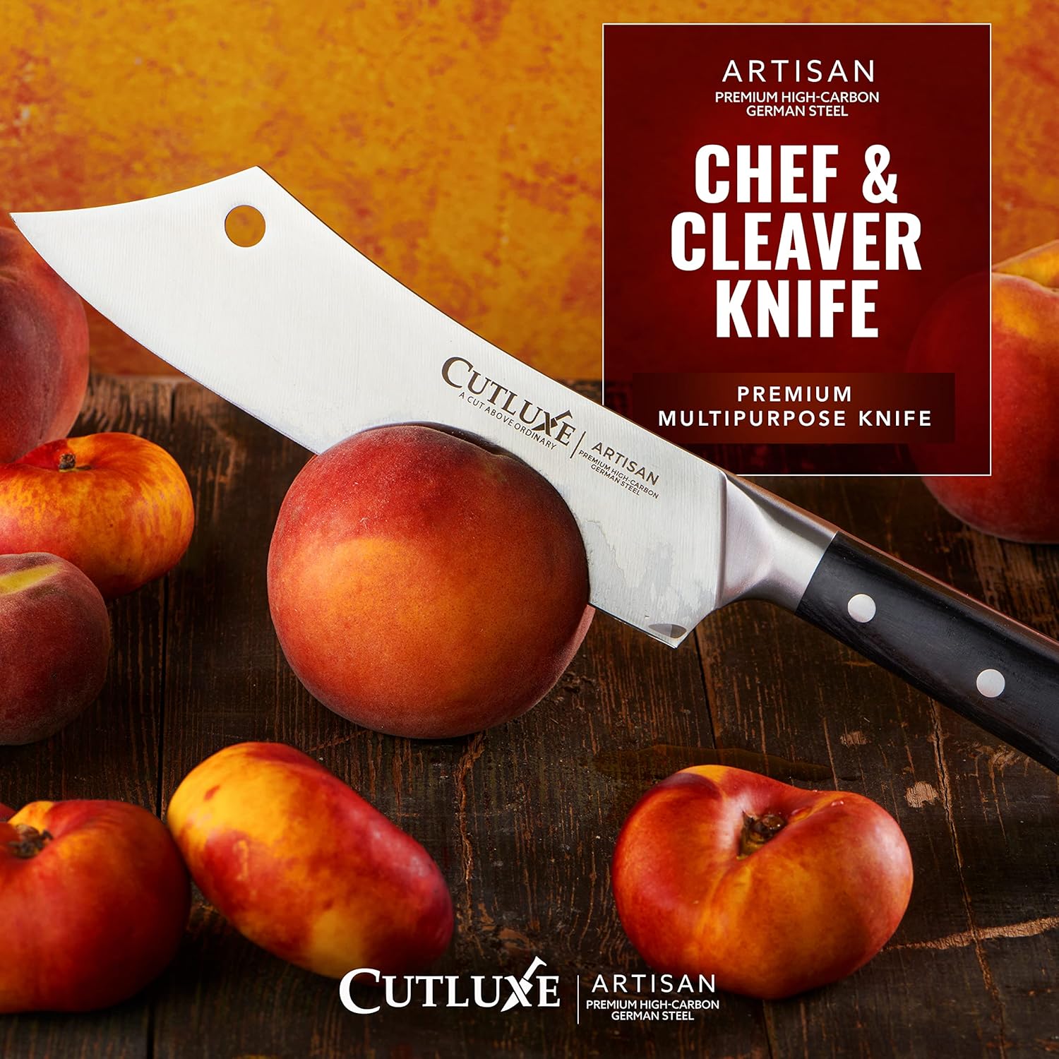 Product image 4 of 7: Artisan chef & cleaver knife with premium high-carbon German steel, slicing fresh peaches on wood