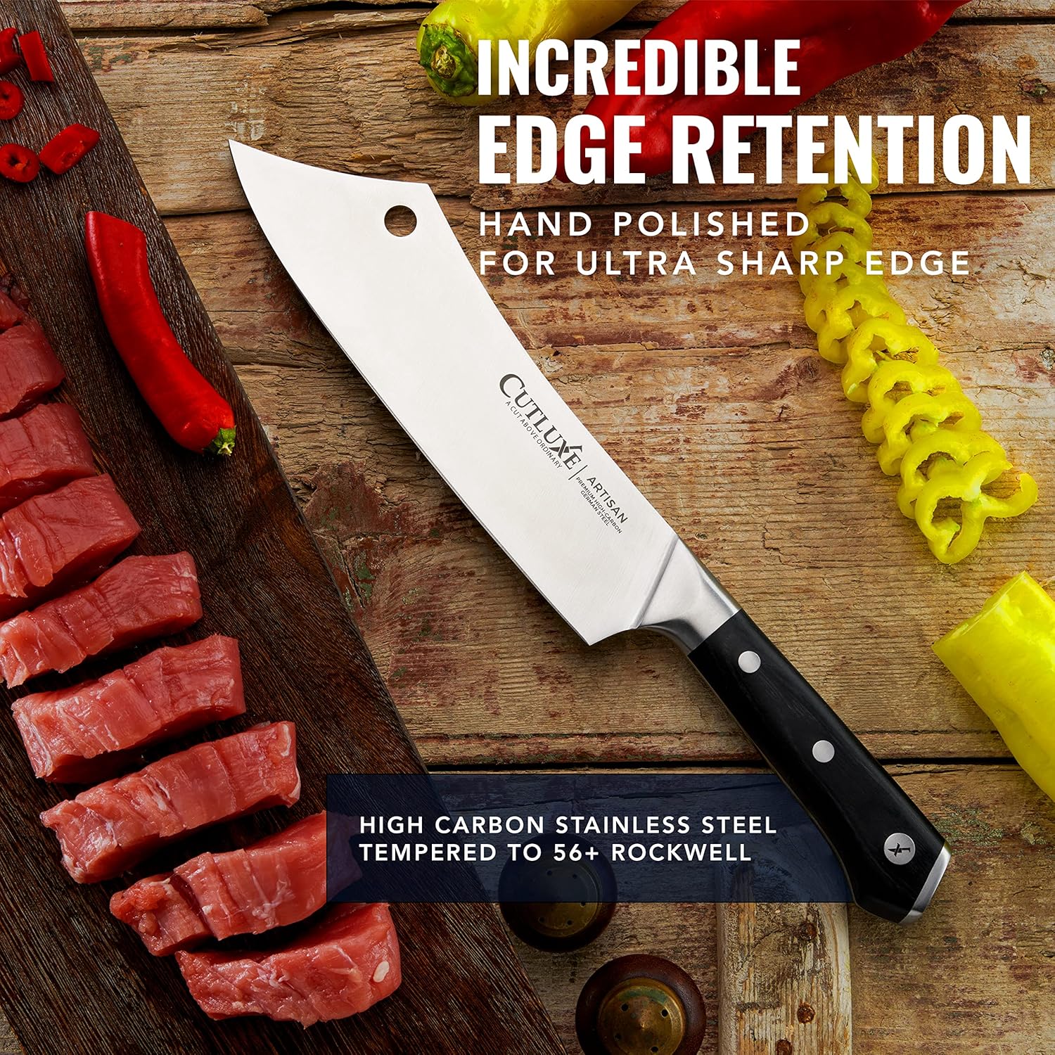 Product image 5 of 7: Ultra sharp artisan kitchen knife with high carbon stainless steel blade, sliced meat and peppers on wood