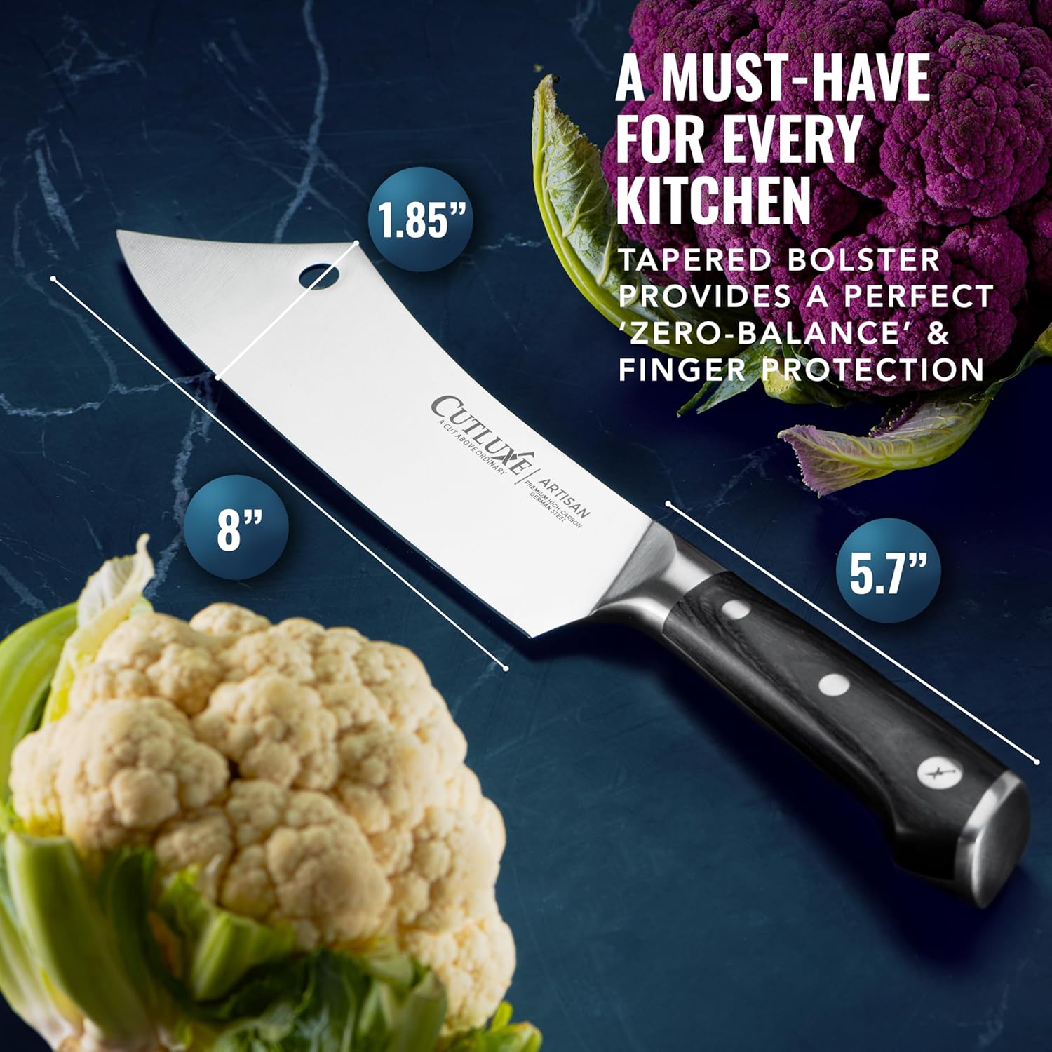 Product image 2 of 7: 8-inch artisan kitchen cleaver with tapered bolster, ideal for home cooks and chefs, shown with cauliflower on dark surface