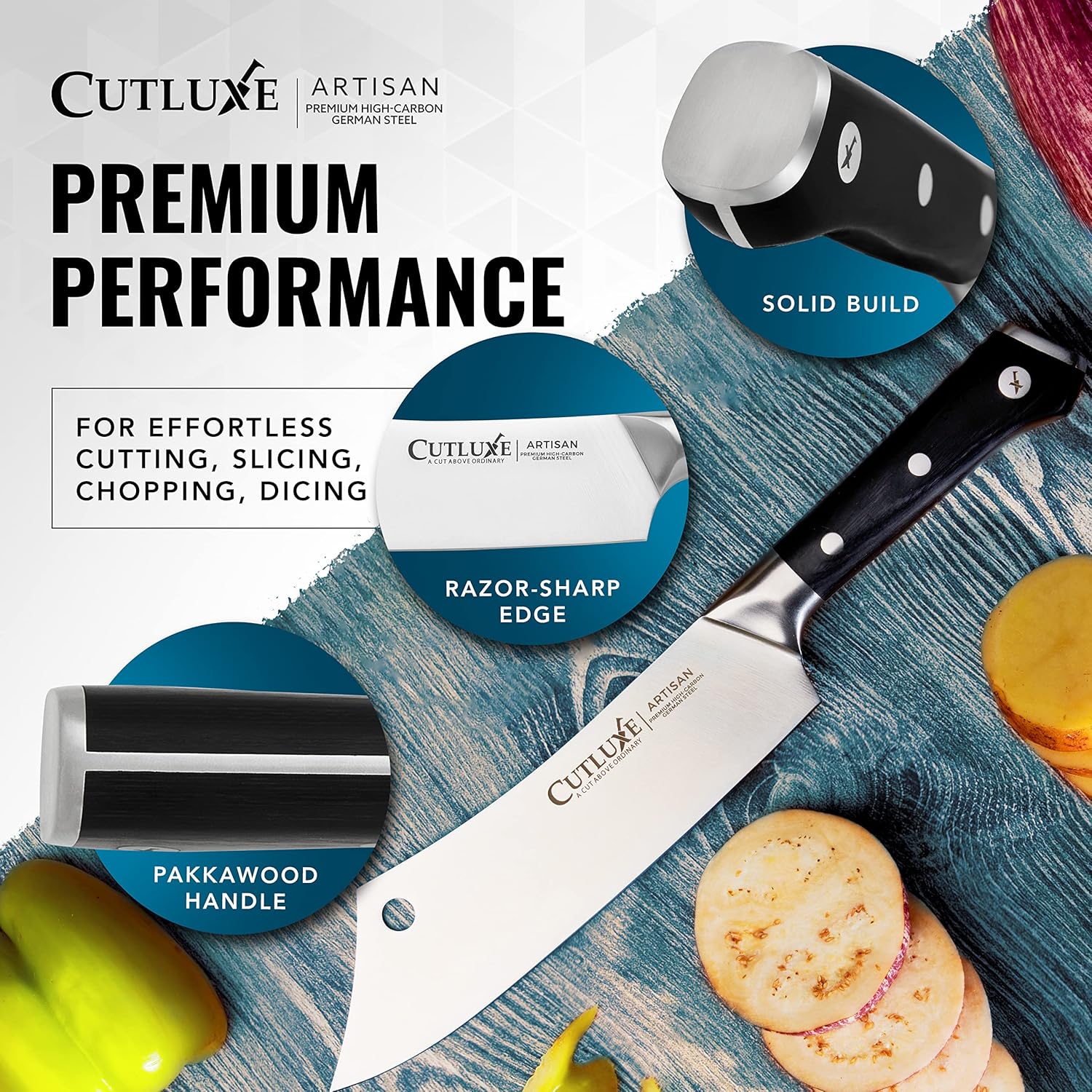 Product image 6 of 7: Premium high-carbon German steel kitchen knife with pakkawood handle, razor-sharp edge for slicing, chopping, dicing