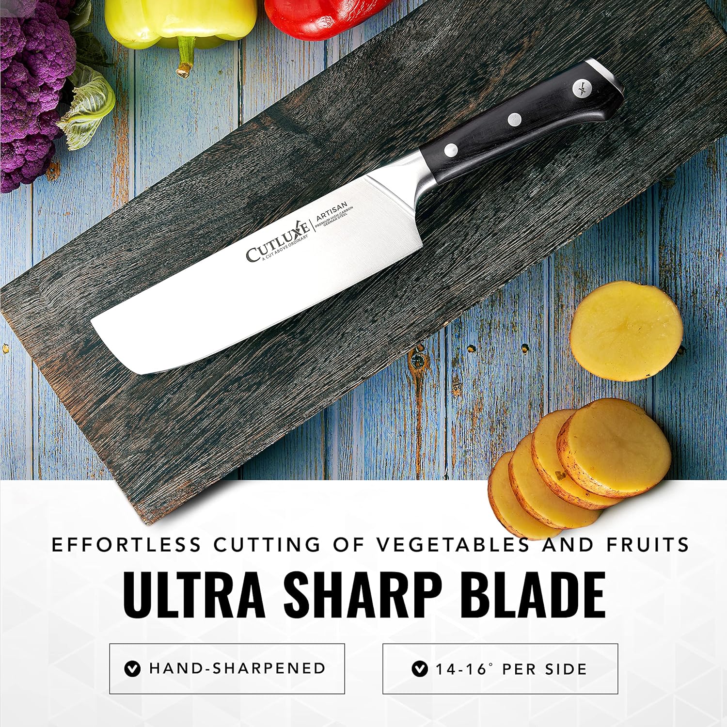 Product image 3 of 6: Ultra sharp kitchen knife on wooden board with sliced potatoes and colorful vegetables