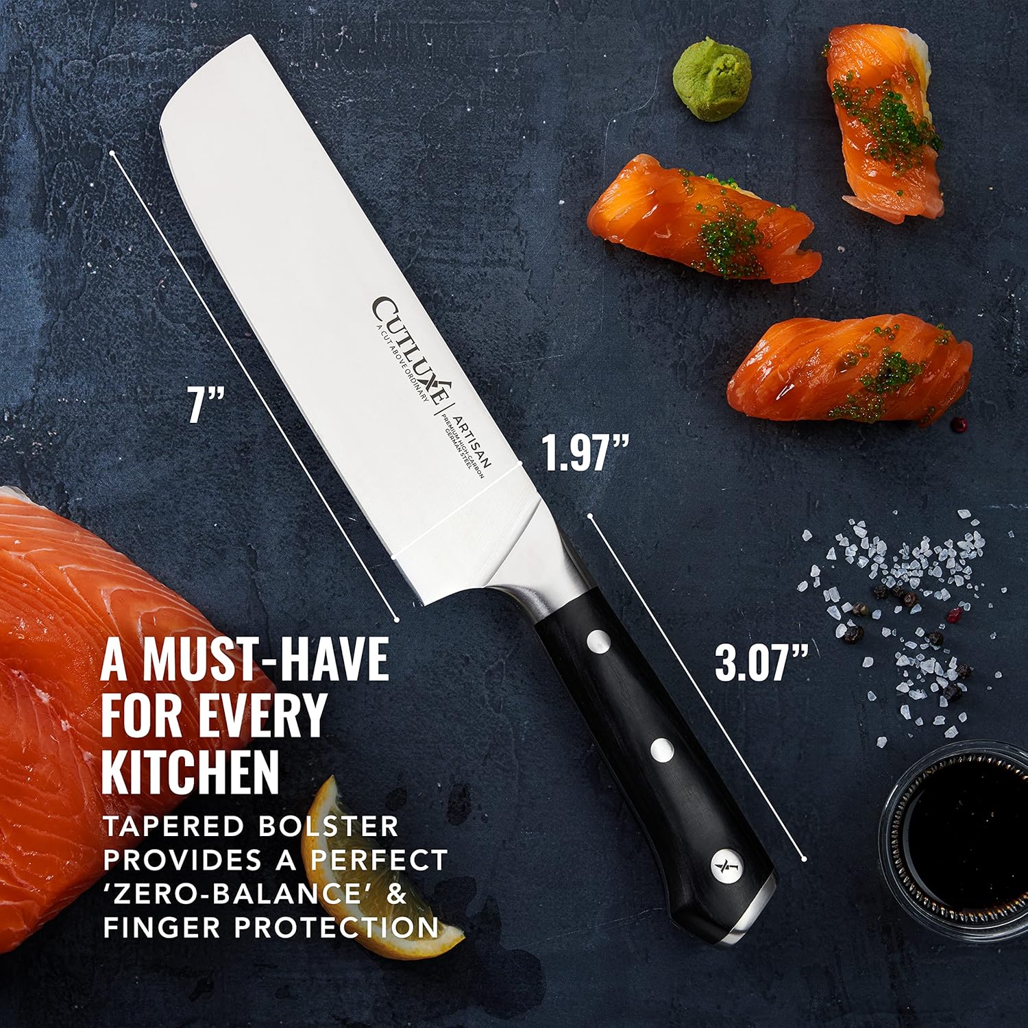 Product image 2 of 6: Premium 7-inch kitchen knife with tapered bolster, ideal for slicing salmon and sushi prep