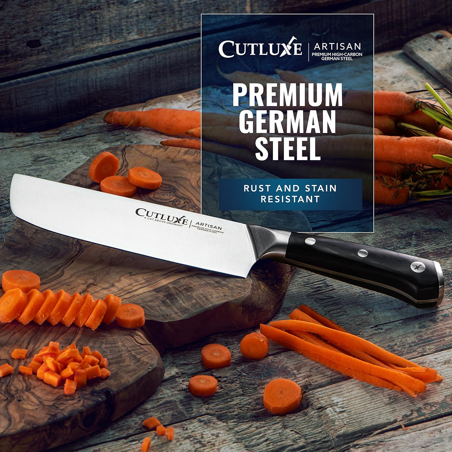 Product image 4 of 6: Premium German steel kitchen knife slicing carrots on wooden cutting board, rust and stain resistant