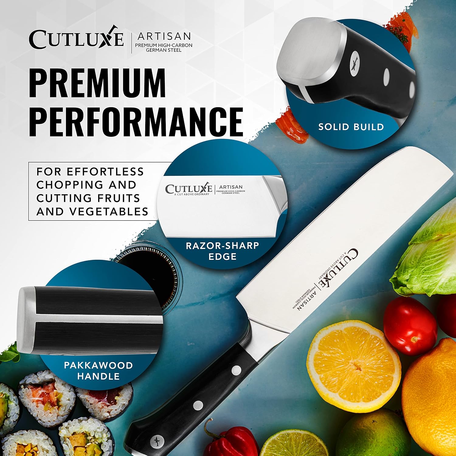 Product image 5 of 6: Premium kitchen knife with razor-sharp edge, pakkawood handle, ideal for chopping fruits and vegetables