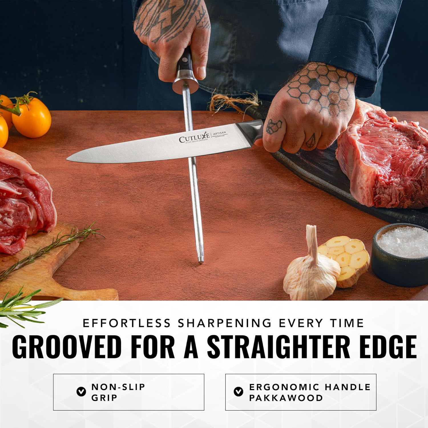 Product image 2 of 7: Chef sharpening Cutluxe kitchen knife with meat and herbs on counter