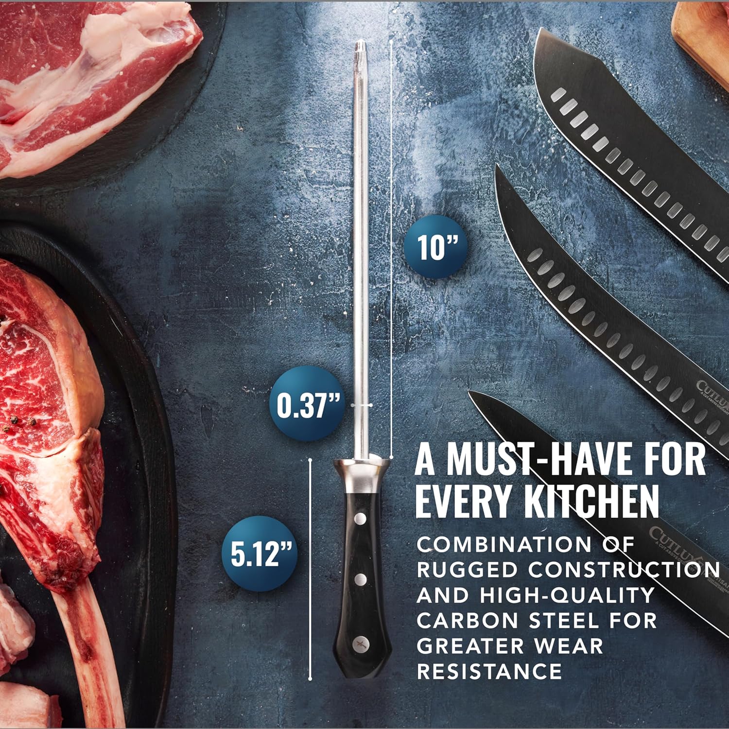 Product image 3 of 7: 10-inch carbon steel knife sharpener with black handle, ideal for kitchen knives, shown with raw meat and chef knives