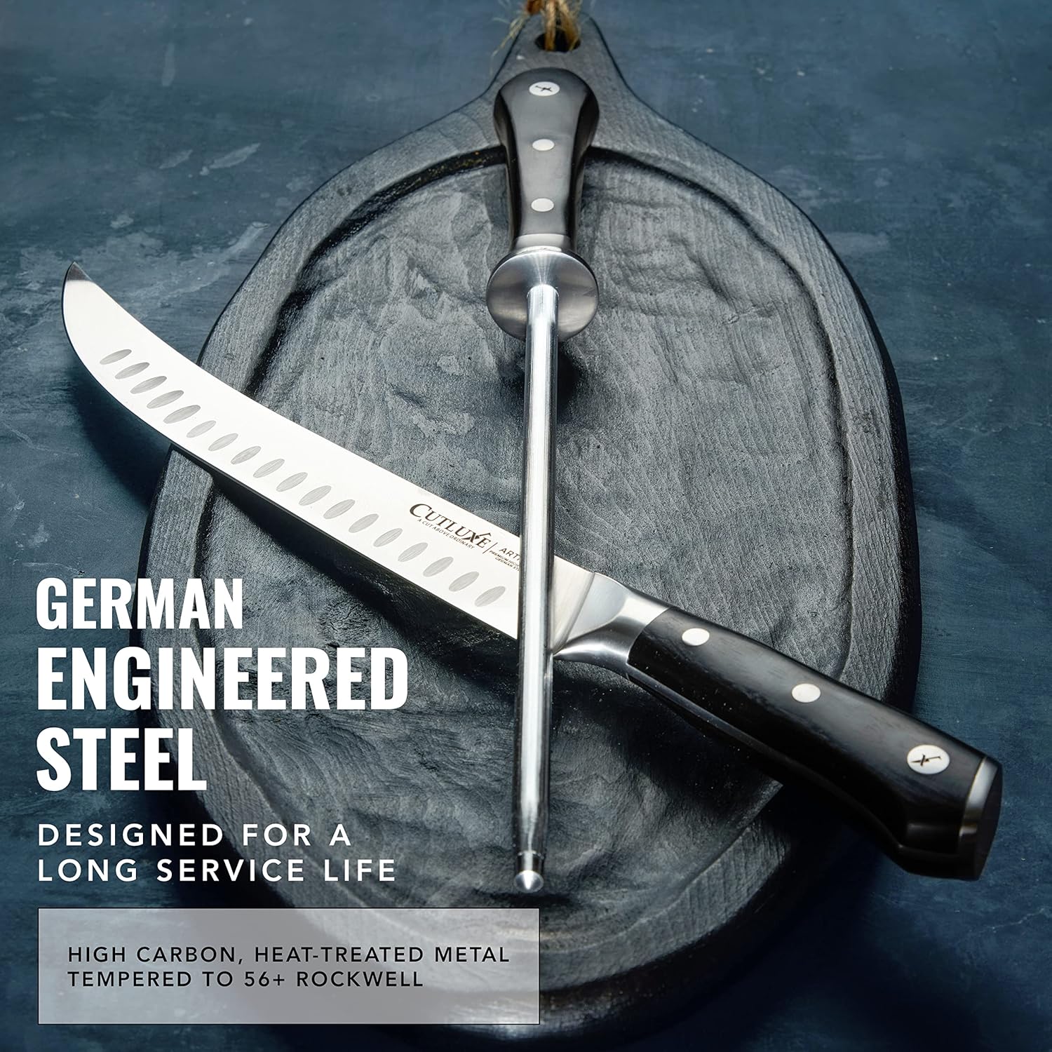 Product image 4 of 7: German engineered steel kitchen knife with honing rod on dark cutting board