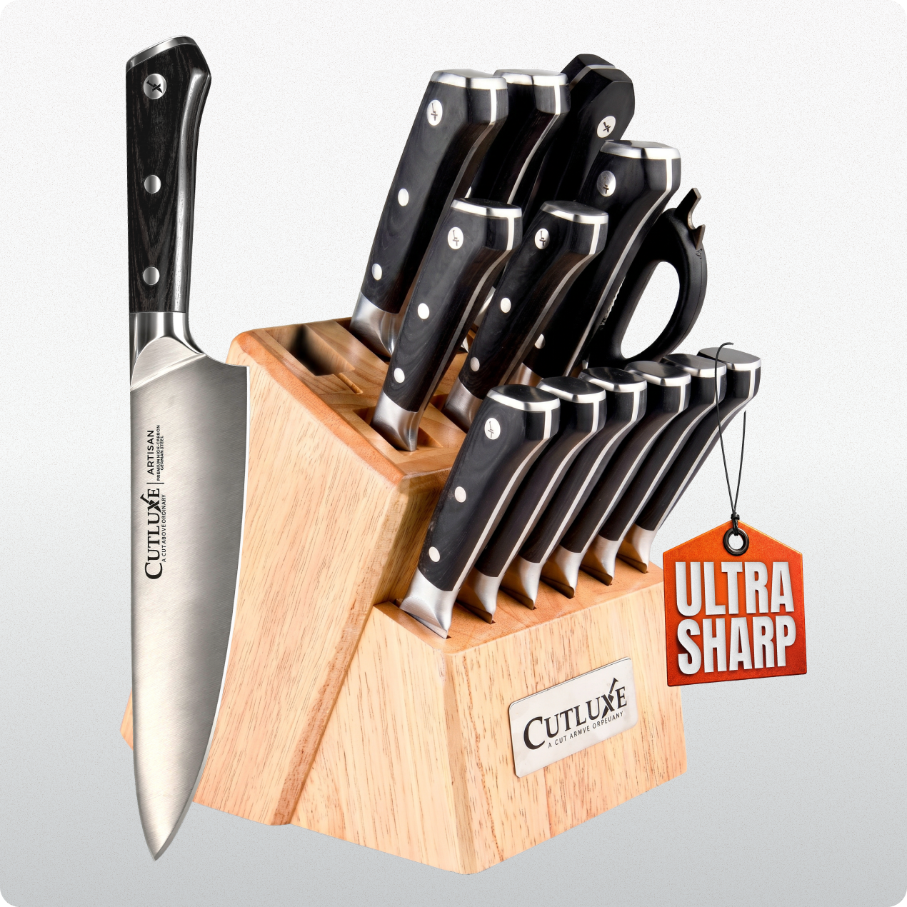 Product image 21 of 23: Ultra sharp kitchen knife set with wooden block, ideal for home cooks and chefs